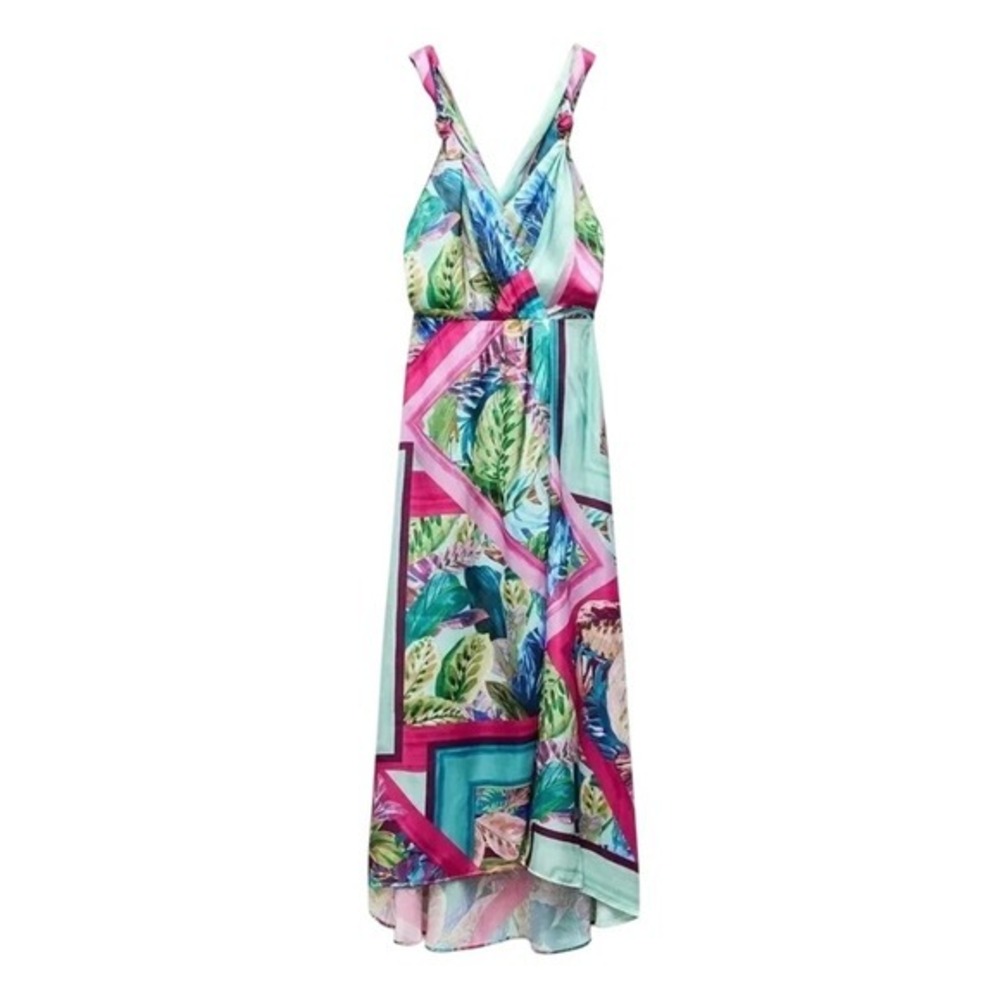 ZARA Multicolor Satin Effect Tropical Scarf Print V- Neck Midi Dress - S NWT